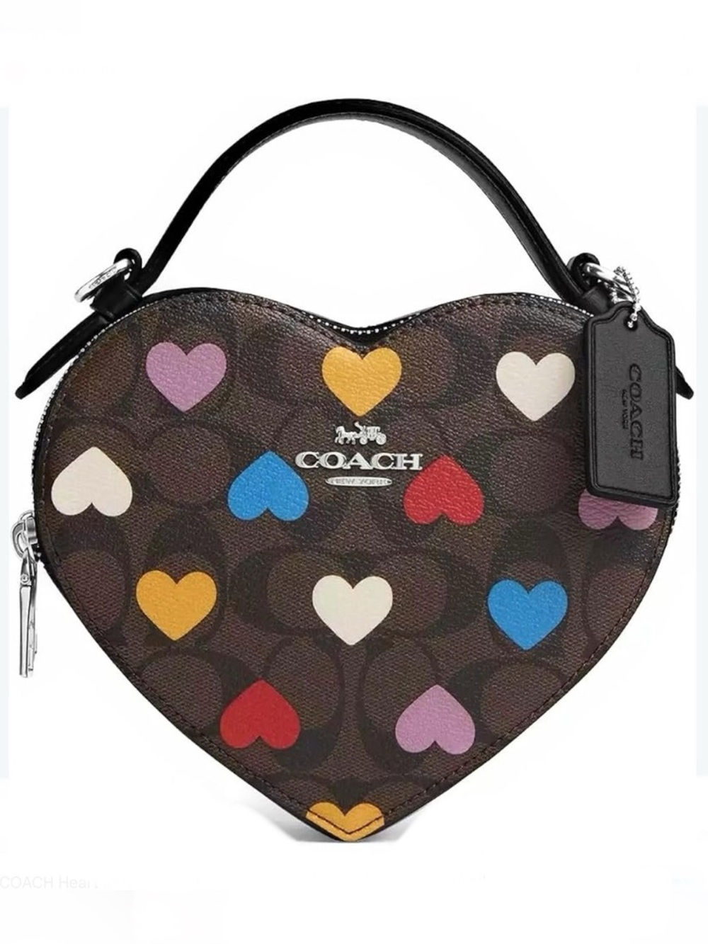 Coach Brown Signature Heart-Shaped Mini Bag with Multicolor Hearts